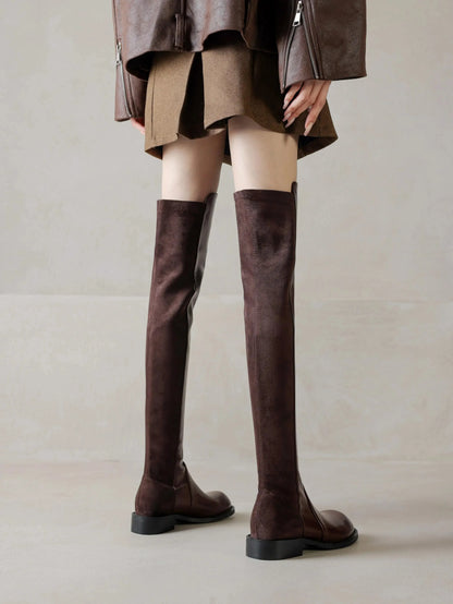 Microfiber Low Heels Round Toe Stretch Long Boots - Ghoddosh