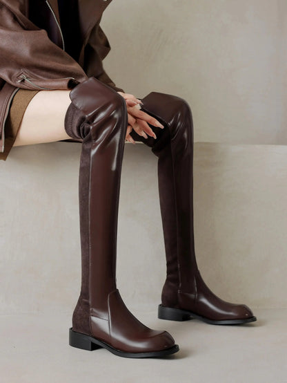 Microfiber Low Heels Round Toe Stretch Long Boots - Ghoddosh