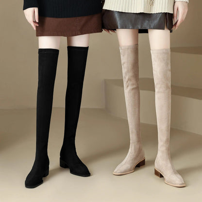 English Style Med Heels Thin Leg Square Toe   , New Stretch Slip on Over-the-knee Boots - Ghoddosh