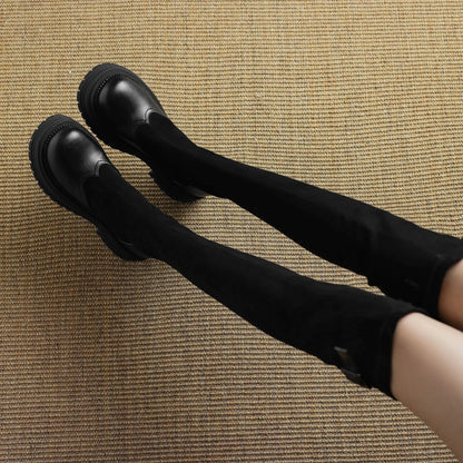 Microfiber Flock Chunky med Heels Round Toe Stretch Long Boots with buckles - Ghoddosh