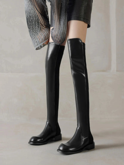 Microfiber Low Heels Round Toe Stretch Long Boots - Ghoddosh