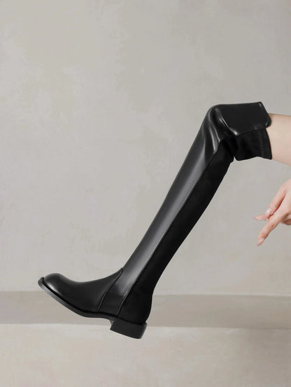 Microfiber Low Heels Round Toe Stretch Long Boots - Ghoddosh