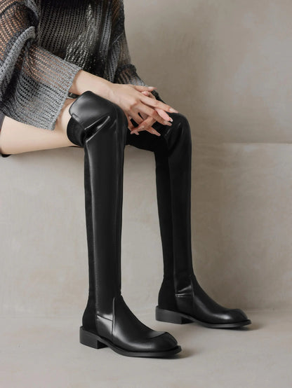Microfiber Low Heels Round Toe Stretch Long Boots - Ghoddosh
