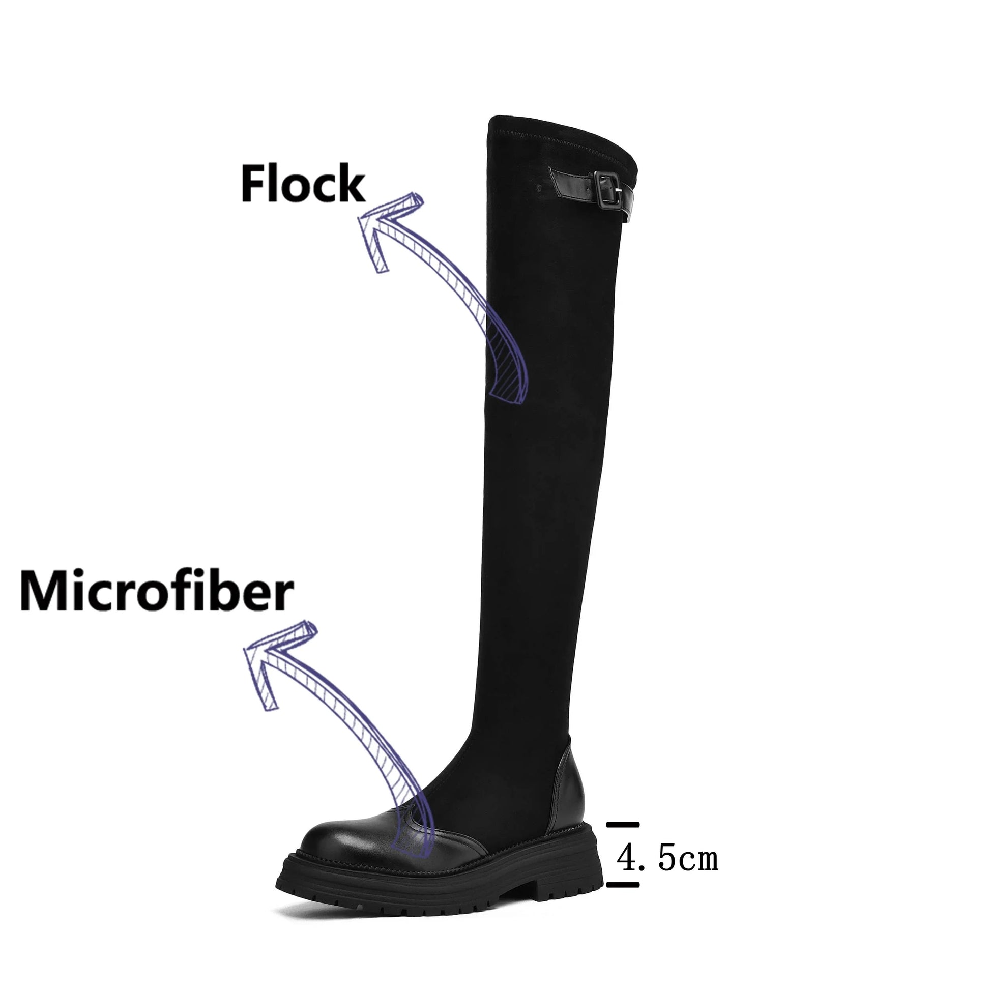 Microfiber Flock Chunky med Heels Round Toe Stretch Long Boots with buckles - Ghoddosh