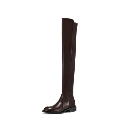 Microfiber Low Heels Round Toe Stretch Long Boots - Ghoddosh