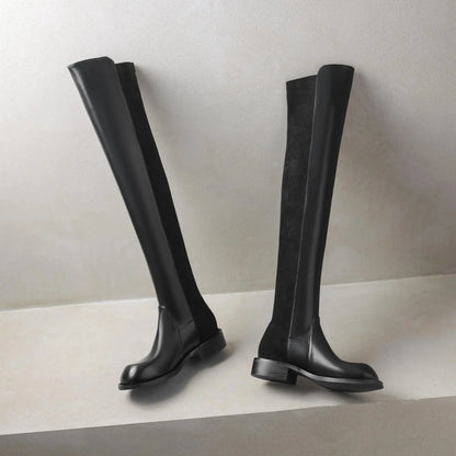 Microfiber Low Heels Round Toe Stretch Long Boots - Ghoddosh