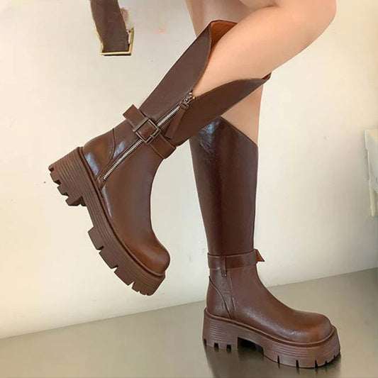 Handmade Full Grain Leather Round Toe Med Riding Heels / Long Boots Platform Deign  Boots - Ghoddosh