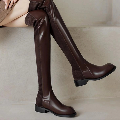 Microfiber Low Heels Round Toe Stretch Long Boots - Ghoddosh