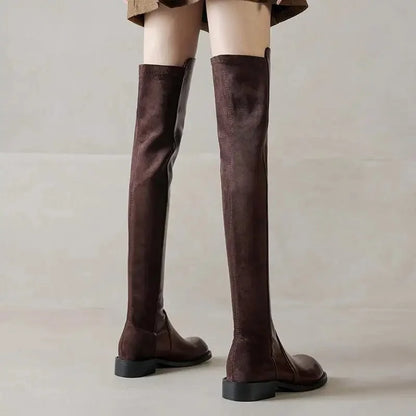 Microfiber Low Heels Round Toe Stretch Long Boots - Ghoddosh