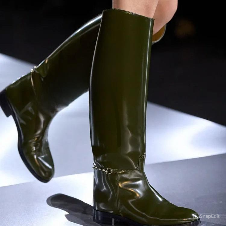 Knee-High “Knight” Winter Riding Boots – Round Toe, Flat Heel Equestrian Style (Multiple Colors) - Green Glossy - Ghoddosh 