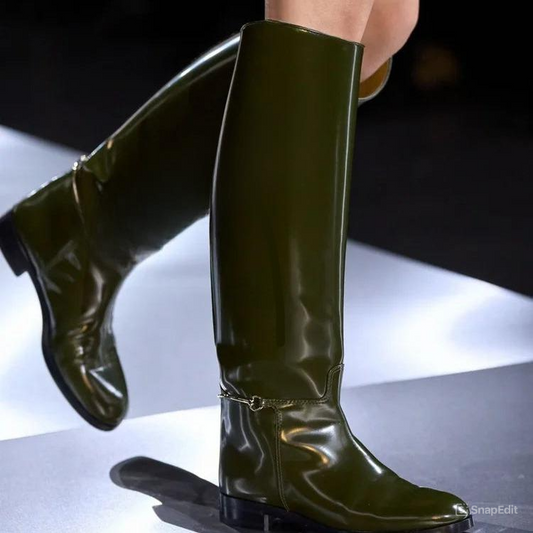Knee-High “Knight” Winter Riding Boots – Round Toe, Flat Heel Equestrian Style (Multiple Colors) - Green Glossy - Ghoddosh 