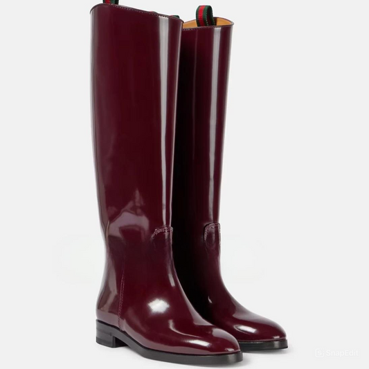 New Thick Heel Round High class British Style  Long Knight Boots - wine red - Ghoddosh 